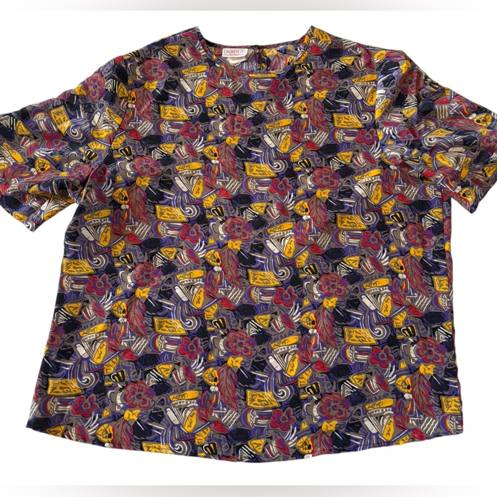 Lauren Lee Woman Vintage Abstract Print Blouse 90s Boxy Top 10W (L/XL)